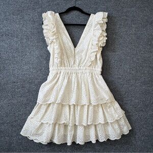 Love The Label Ivory Eyelet Lace Ruffle Tiered Mini Dress M Cottagecore Coquette